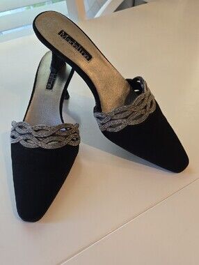 Madeline Black Pointed Toe Slip-On Mules with Silver Braided Trim
